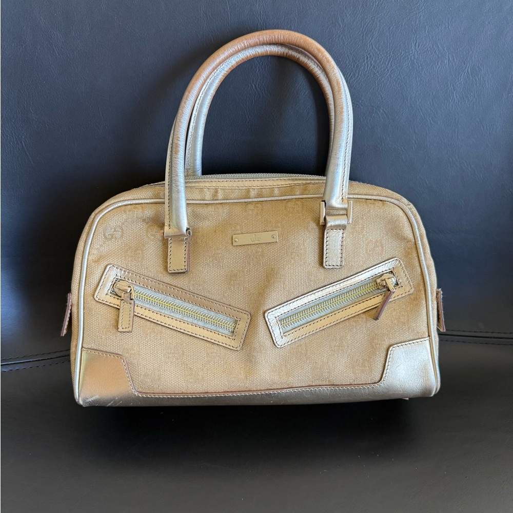Gucci Vintage GG Monogram Metallic Gold Canvas With Leather Trim Handbag